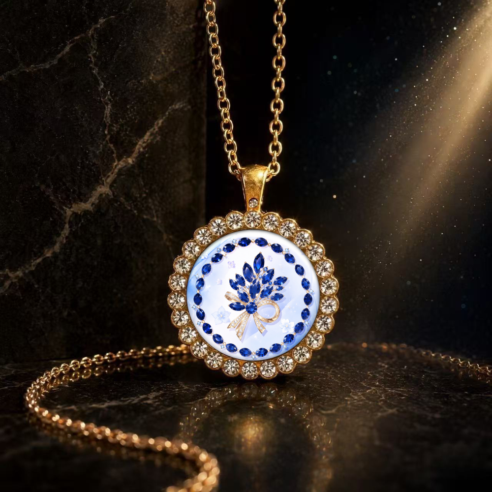 Blue Floral Pattern Pendant Necklace, Unisex